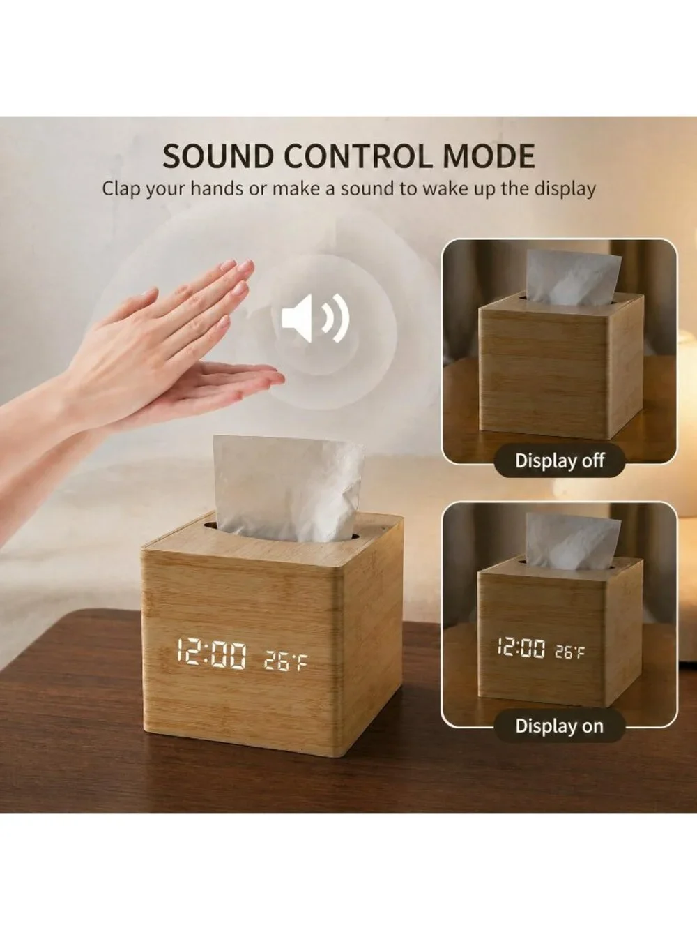 Home Cream Digital Cordless Alarm Temperature Display Wooden Tissue Box Clock
